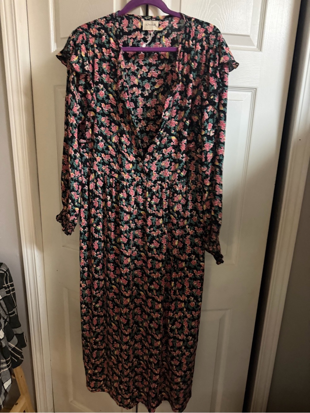 Floral V-Neck Midi Dress in Pink on Black